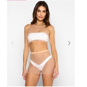 Beach Bunny Glitzy Girl Pearl Mesh Top & Skirt Set